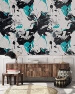 Tapeta ścienna japońska, turkusowa "Modern Flamingo - Turqouise" - aranżacja w salonie