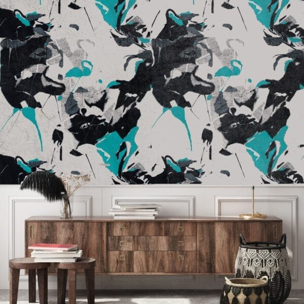 Tapeta ścienna japońska, turkusowa "Modern Flamingo - Turqouise" - aranżacja w salonie