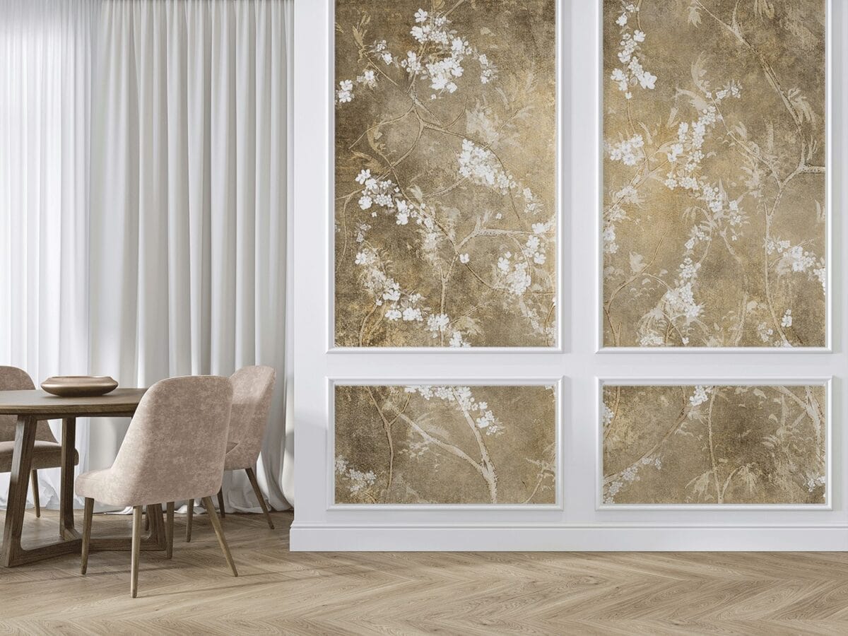 Tapeta ścienna japońska, w kolorze brązowym "Silk Road Gold" w dużej jadalni