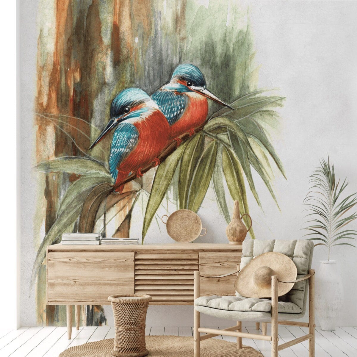 Tapeta ścienna zimorodki "Kingfisher Birds - Aquarelle" w salonie