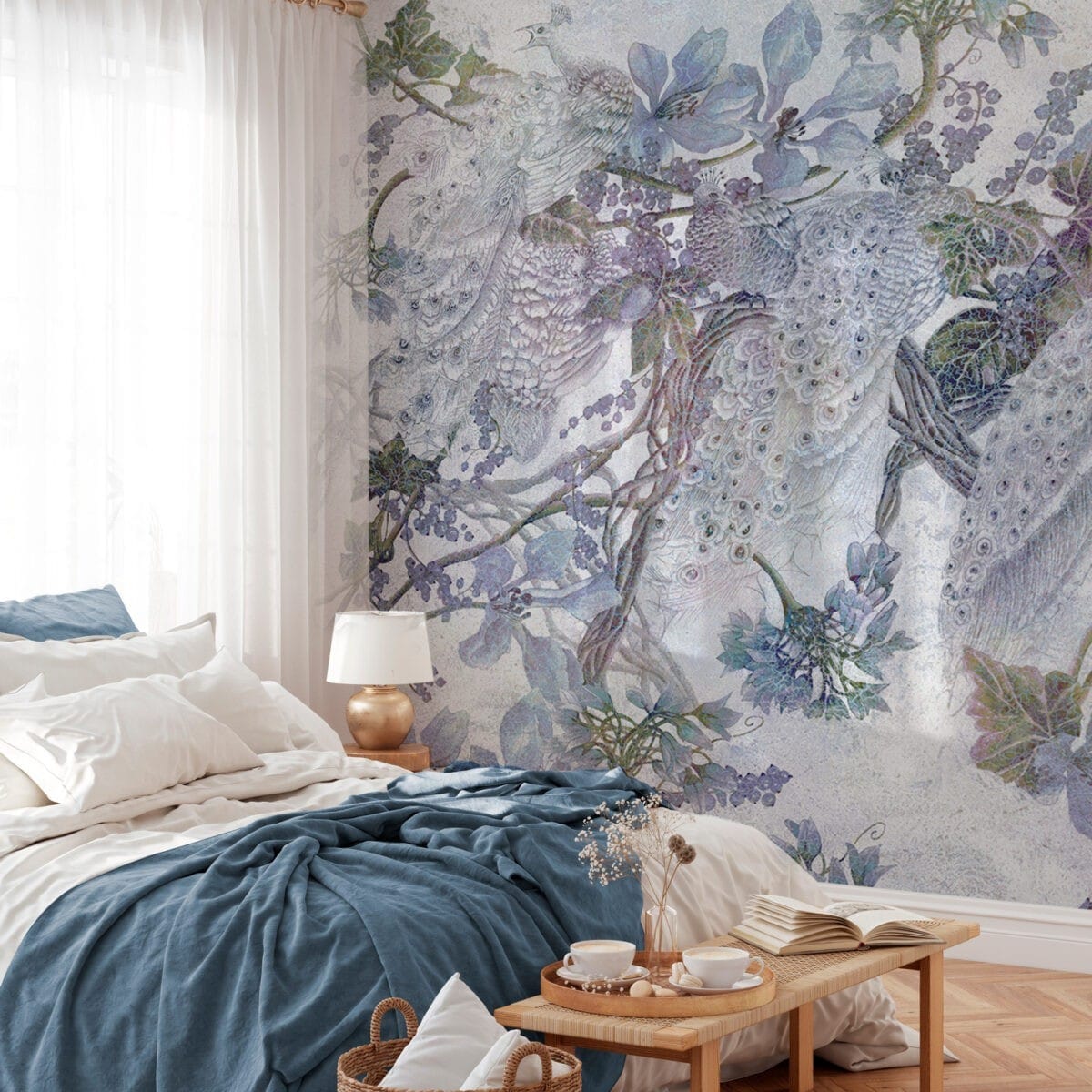 Peacock Branch Blue Wallpaper - Image 5